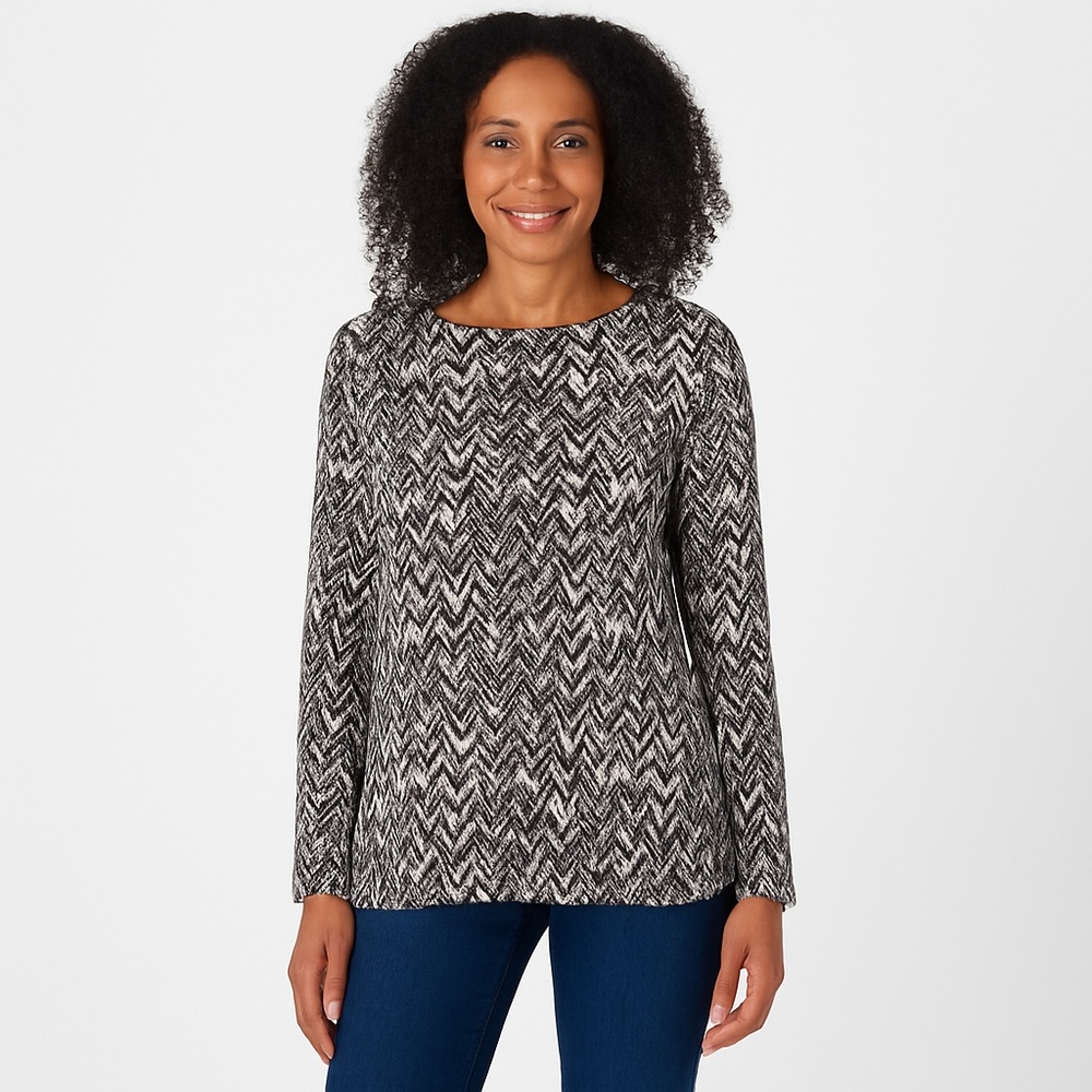 NWT Mario Serrani Women Black Ivory Abstract Knit Long Sleeve Tunic Top Size L